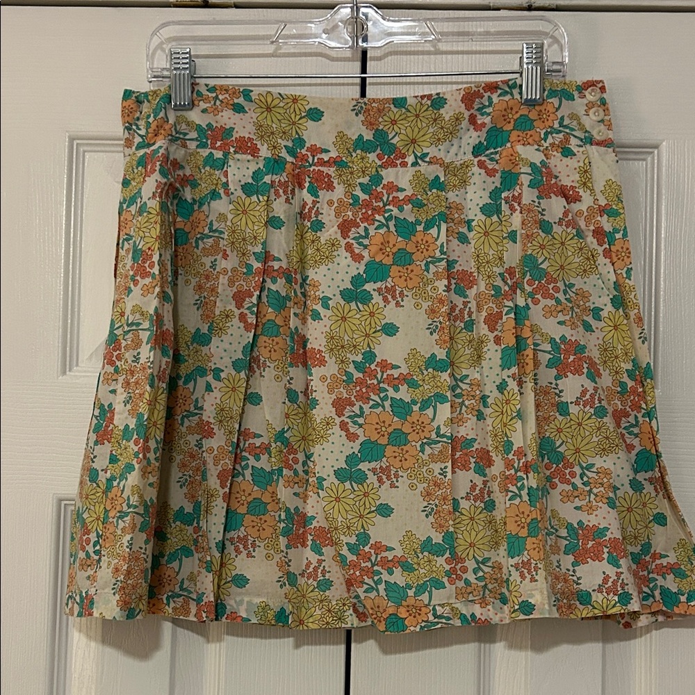 Frenchi Cream Floral Pleated Skirt with Teal & Orange Accents